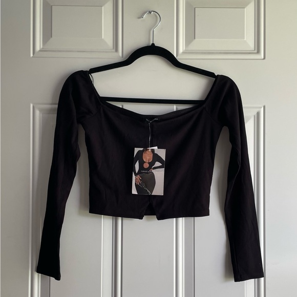 NWT HTF Naked Wardrobe Black Off My Shoulders Long Sleeve Lux Ribbed Crop Top - Picture 11 of 11